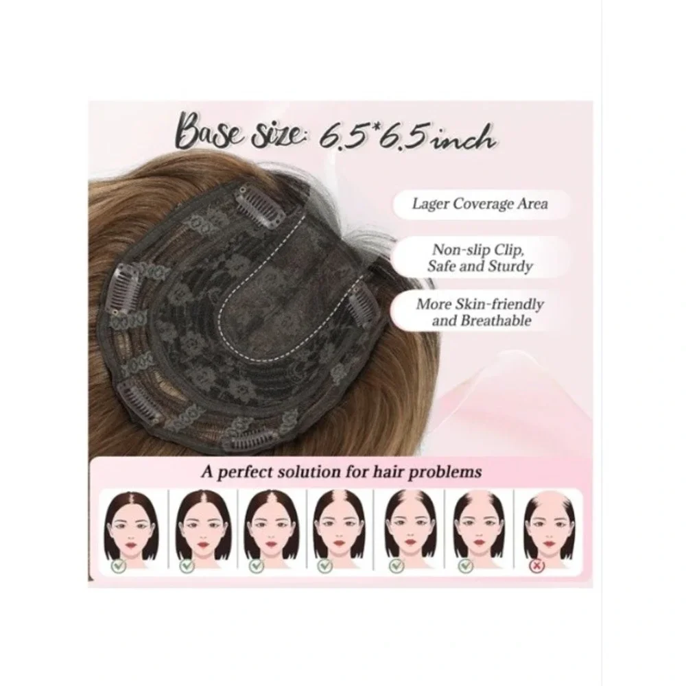 10 Inch Short Wavy Hair Topper Caramel Brown Dark Root Synthetic Wiglet 6.5x6.5